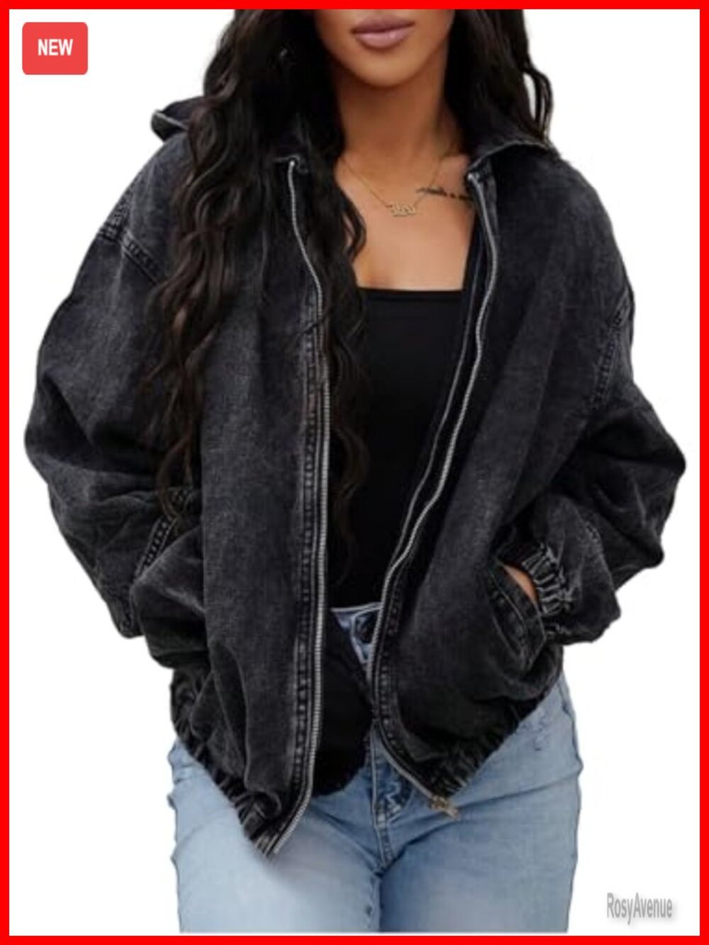 SHEWIN Women's Vintage Denim Jacket Long Sleeve Zip Up Hooded Bomber Jacket